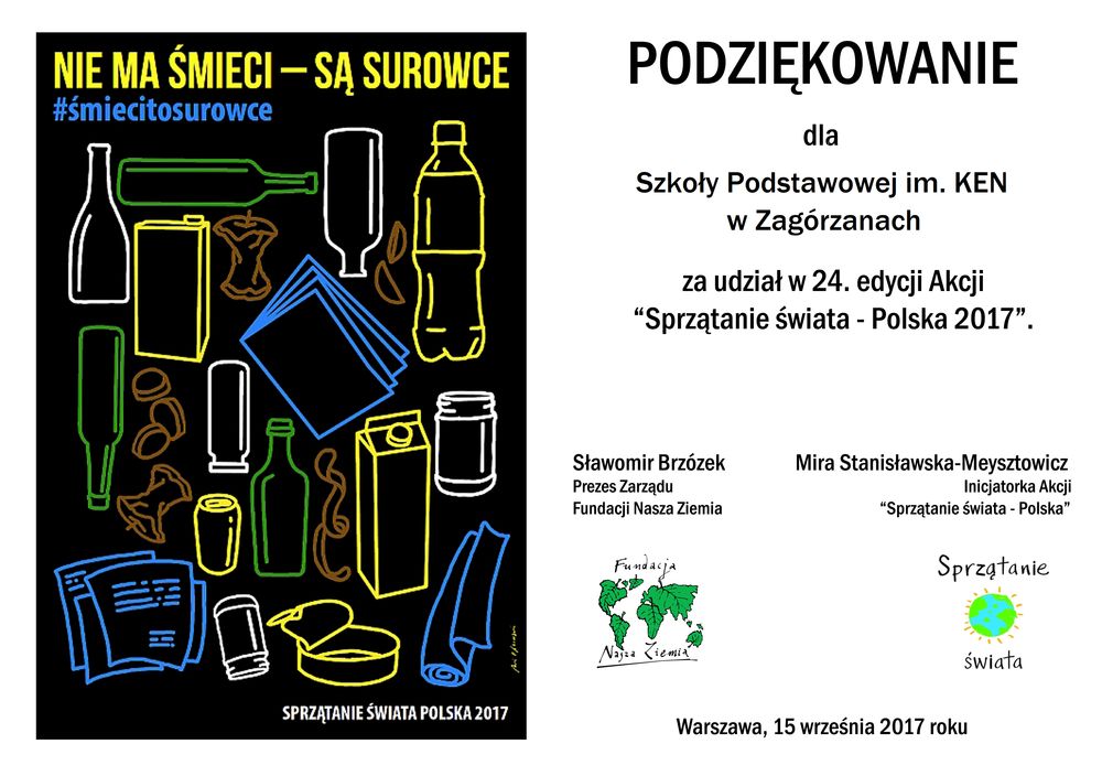 Podziękowanie za udział w akcji "Sprzątanie świata - Polska 2017"