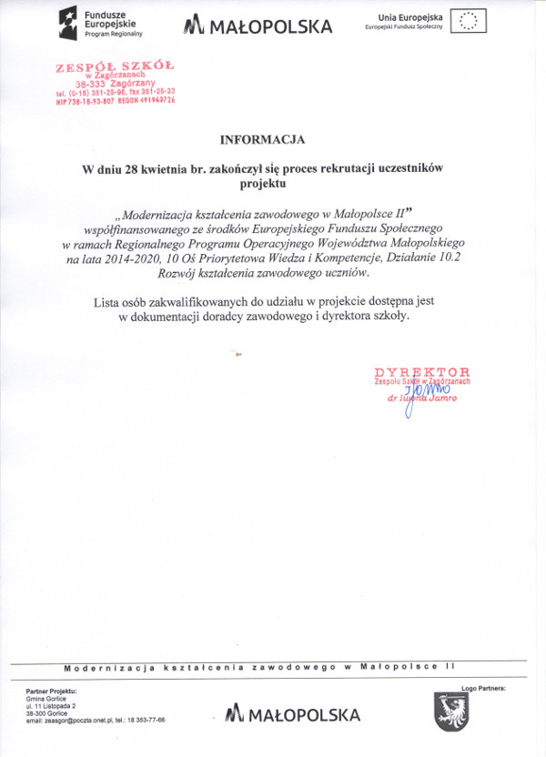 Zakończenie rekrutacji do projektu Modernizacja kształcenia zawodowego w Małopolsce II
